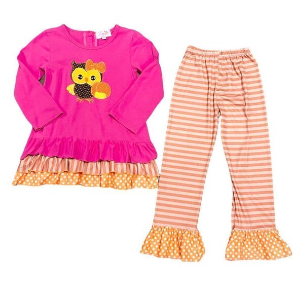 Angeline Pink & Orange Owl Ruffle Top & Bottom Set Size 8 - Picture 1 of 8